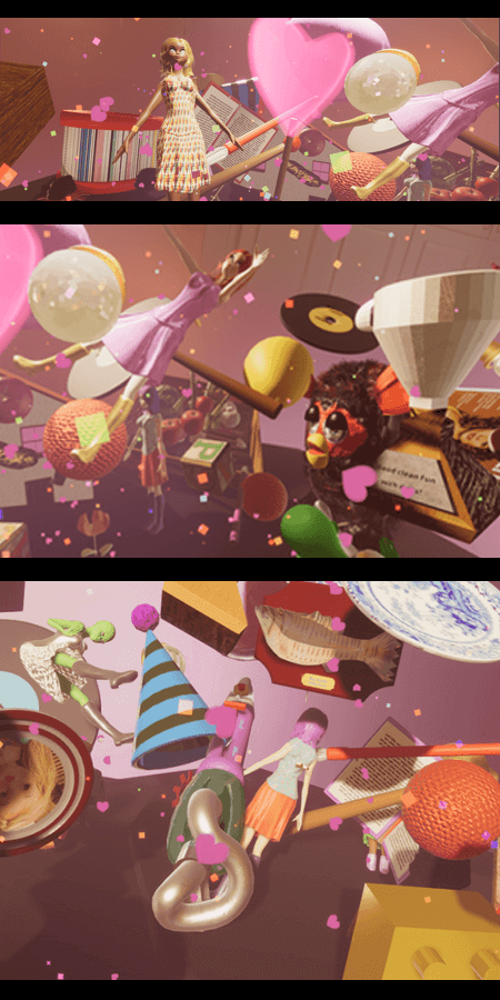 Dollface screenshots showing lots of objects and toys.